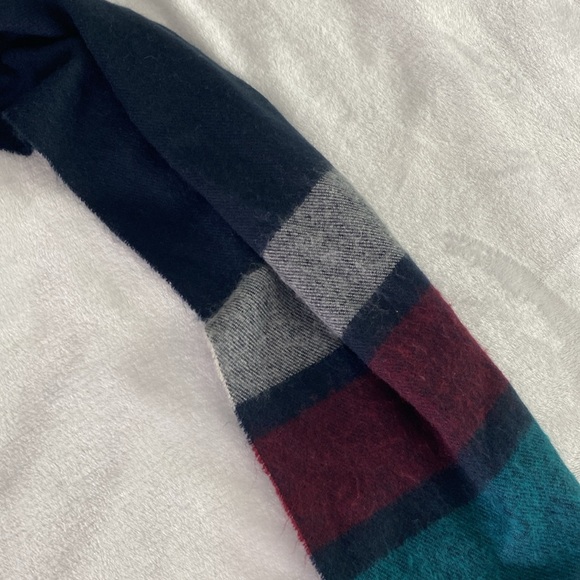 Wide colour black navy, green, and red fringe scarf - Picture 10 of 16